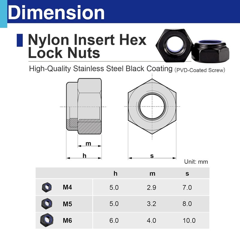 Usdrwam 250 Pcs Lock Nuts Assortment Kit M4 M5 M6, 304 Stainless Steel Black PVD Coated Nylon Insert Hex Nuts - Image 2
